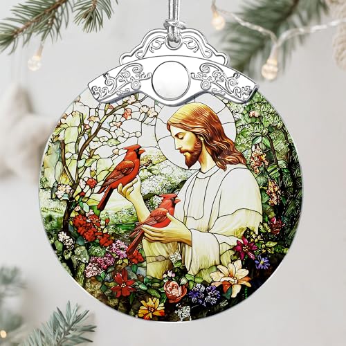 Jesus with Cardinals Ornament, Christian Christmas Ornament, Religious Christmas Decor, Jesus Christ Decoration, Memorial Gift, Christian Gifts, Religious Gifts, Gift Idea - color: Jesus Pattern D