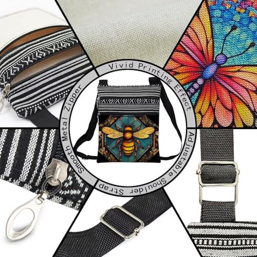 Stained Glass Pattern Crossbody Handbag with Zipper Butterfly World Tree Bee Aesthetic Present for Woman - color: Stained Glass Bee