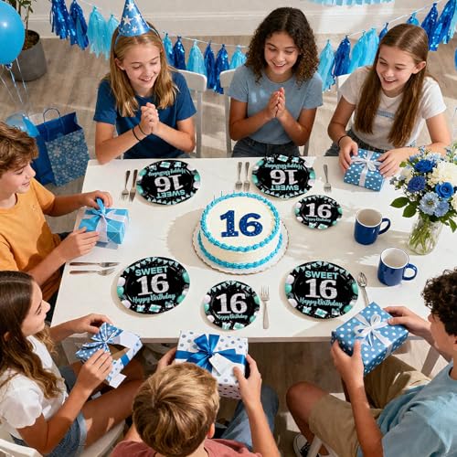 96Pcs 16th Birthday Party Supplies Teal Blue and Black Serves 24 - style: Peacock Blue Black 16th Birthday