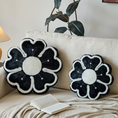 Flower Shaped Decorative Throw Pillow Cushion for Bed Couch, Cute Flower Plush Throw Pillows Home Decor Floor Pillow Seating Cushions (Black, 13.7 Inches) - color: Black, size: 13.7 Inches