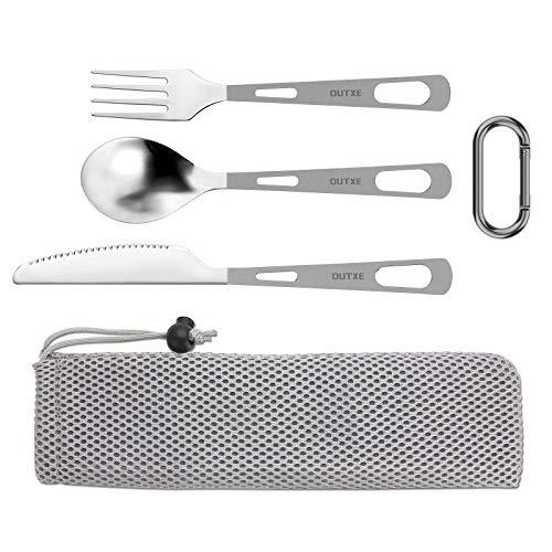 OUTXE Titanium Flatware Polished Knife Fork Spoon Set Lightweight Ti Camping Utility Cutlery Set with Carrying Bag for Traveling Picnic Hiking - color: Polished Knife Fork and Spoon Set