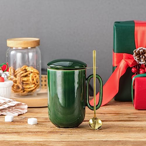 vicrays Ceramic Tea Mug Infuser - Large Cup 16 oz Hot Loose Steeping Handle Teacup with Leaf Infuser Spoon Lid - Tall Glazed Strainer Coffee Mug Microwave Safe - Green - color: Green