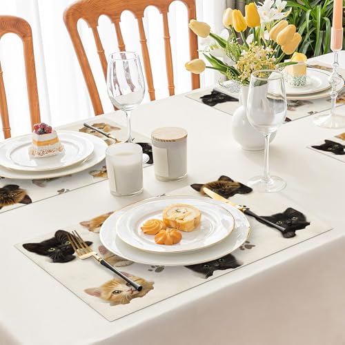 Cat Placemats Set of 6, Cute Black Cats Table Mats, Animal Washable Place Mats for Coffee Bar Home Party Indoor Kitchen Dining Table Decoration 12x18 Inch - color: Cat, size: Set of 6