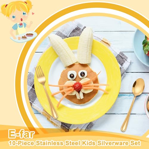 E-far Toddler Utensils, 10 Pcs Gold Stainless Steel Kids Fork and Spoon Set - color: Gold