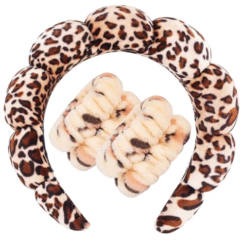 Zkptops Spa Headband for Washing Face Wristband Set Sponge Makeup Skincare Velvet Fabric Bubble Soft Get Ready Hairband for Women Girl Puffy Padded Headwear Non Slip Thick Hair Accessory(Leopard 1) - color: ZFG Gold Velvet Leopard 1