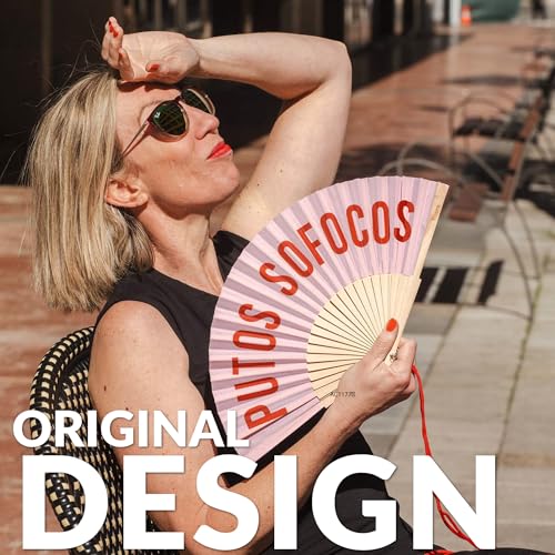 Fisura – Original folding fan with message P*tos sofocos, wooden handheld fan for women, menopause relief accessory, perfect for party, travel, or gift - color: P*tos Sofocos, Pink
