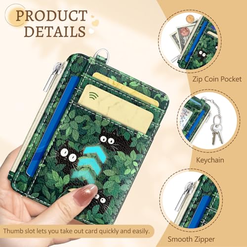 Kelvoris Credit Card Holder Small Wallet Women, Slim RFID, Black Cat Leave - color: Cat