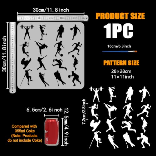 FINGERINSPIRE Athletes Silhouette Stencil for Painting with Brush 11.8x11.8inch Reusable Cheering Squad Template Hollowed Football Basketball Stencil Plastic PET Sports Theme Template for DIY Crafts - style: Athletes Silhouette