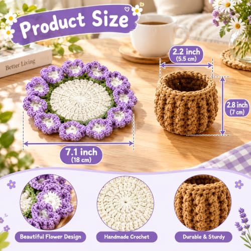 Flower Crochet Coasters Set, Handmade Bouquet Coaster with Crochet Plant Pot, Cute Drink Coasters for Desk Coffee Table, Foldable Decorative Coasters for Home Office Decor Gift (Purple) - color: Purple