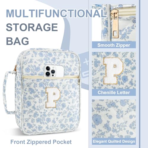 Personalized Initial Bible Cover Case for Women Girls Kid - Large Quilted Bible Case with Handle,Chenille Letter Bag Study Supplies,Christmas Gifts for Christians Birthday Graduation(Blue Flower-P) - color: Blue Flower, size: letter-P