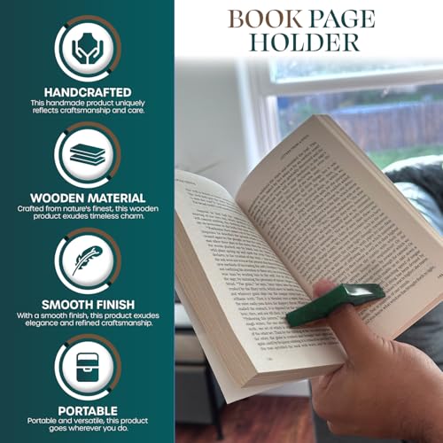 Book Page Holder - Handcrafted Mango Wood & Green Resin Thumb Bookmark - Unique Reading Accessories & Gifts for Book Lovers, Readers & Bookworms (Brown/Green)