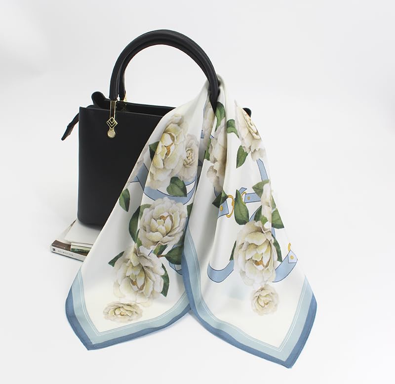 ANDANTINO 100% Mulberry Silk Scarf -21” Square Neckerchief with Gift Packed - color: Floral-pale Blue
