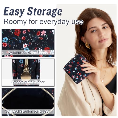 Nylon Mini Floral Makeup Bag for Purse, Small Cute Makeup Bag Preppy Cosmetic Zipper Pouch Purse, Waterproof Travel Coin Pouch Sanitary Napkin Storage Bag Makeup Organizer for Women(Navy Blue-Flower) - color: Navy Blue-Flower, size: Mini