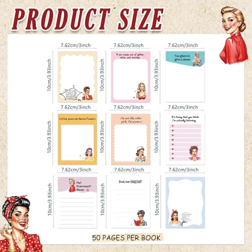 9 Pcs Funny Sticky Notes, Funny Sarcastic Word Self-Adhesive Notes for Women Man, Playful Memo Pad to Do List for Office Worker Coworker Friends Work Accessories - color: Vintage Women