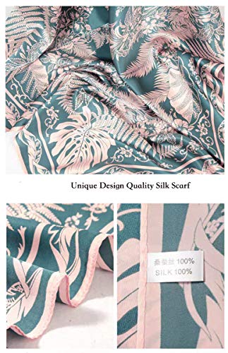 ANDANTINO 100% Mulberry Silk Scarf -Women 35" Square Hair Wraps-Gift Packed - color: Blue & Pink Leaves