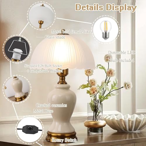 Ceramic Table Lamp Dimmable for Living Room, 16" Modern Vintage Bedside Nightstand Lamps with White Glass Shade,Classic Chinoiserie Retro Bedroom Lamp for Night Stands, Dorm,Office, Home Decor - color: white vase