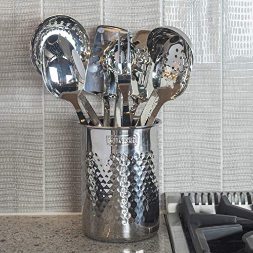 Viking Kitchen Utensil Holder, Hammered Stainless Steel Kitchen Utensils Organizer Crock, Counter Top Storage, Cooking Accessories, Silver - size: 6.75" x 4.75", style: Utensil Holder