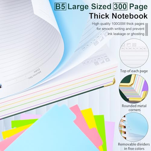 Hardcover Spiral Notebook 8"x10" Journal Notebook with Tabs and Removable Dividers 300 Pages 5 Subject Notebook College Ruled, Faux Leather Spiral Bound Notebook for Women School Work (Green) - color: Green, size: 8"x10"(B5)
