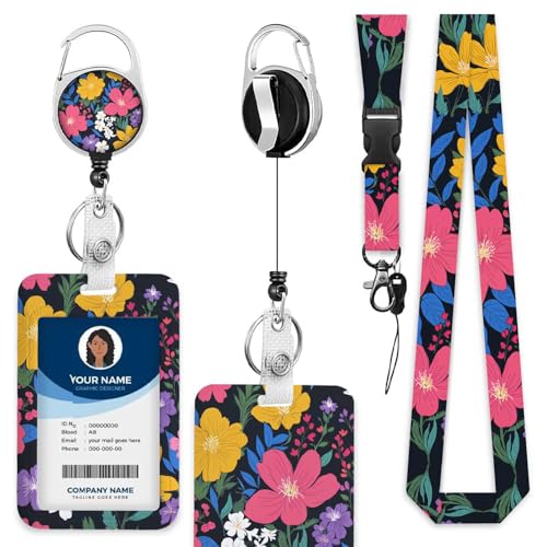 Blooming Bright Flower Badge Holder with Retractable Badge Reel Carabiner Clip ID Badge Holder for Workers Events Schools - color: Blooming Bright Flower
