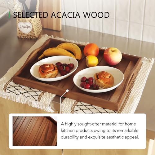 Large Acacia Wooden Serving Tray with Handles 20 x 14 inch Decorative Coffee Table Ottoman Tray for Living Room Extra Large for Kitchen Dinner Food Bar Breakfast in Bed (Color Natural) - color: Natural Wood