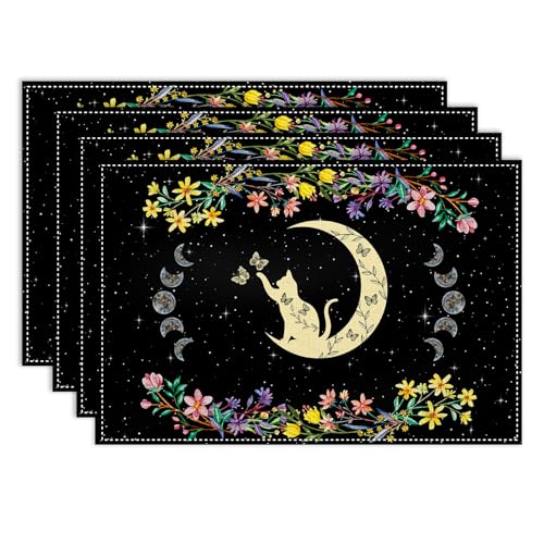 Boho Floral Placemats Set of 4, 12x18 Inch Witchy Moon Tarot Phase Gothic Cat Wild Flower Seasonal Bohemia Mystical Holiday Farmhouse Coffee Table Mats for Party Kitchen Dining Decoration - color: Pm-floral Moon03, size: 4pcs