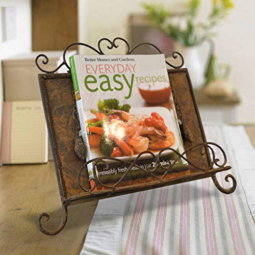Antique Metal Kitchen Cookbook Display Stand, Recipe Book and iPad Holder, Cookery Book Easel with Weighted Chains for Gift, Rustic Dark Brown