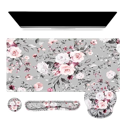 iCasso Desk Blotter for Workspace, Pink Floral 35.4"x15.7" Mousepad - color: Tea Rose