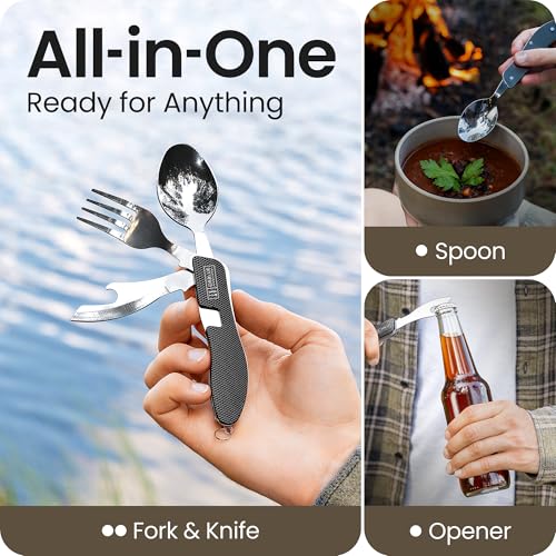 Orblue 4-in-1 Camping Eating Utensils, 2-Pack - Portable Spoon, Fork, Knife & Bottle Opener Combo Set - Stainless Steel Flatware with Detachable Fork - Travel, Backpacking Cutlery Multitool, Black - color: 2-PACK Boundless Black