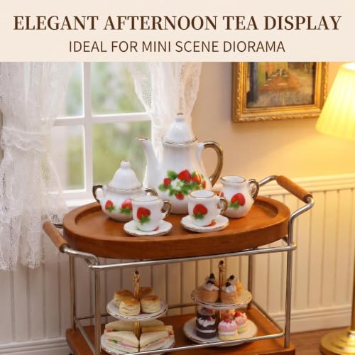 Miniature Tea Set 1/6 Scale Dollhouse Accessories Porcelain, Strawberry - color: Strawberry