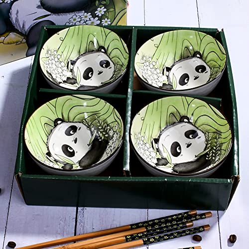 Ceramic Rice Bowl with Chopsticks Set of 4, 4.5" Cute Panda Small Bowls - color: PDS