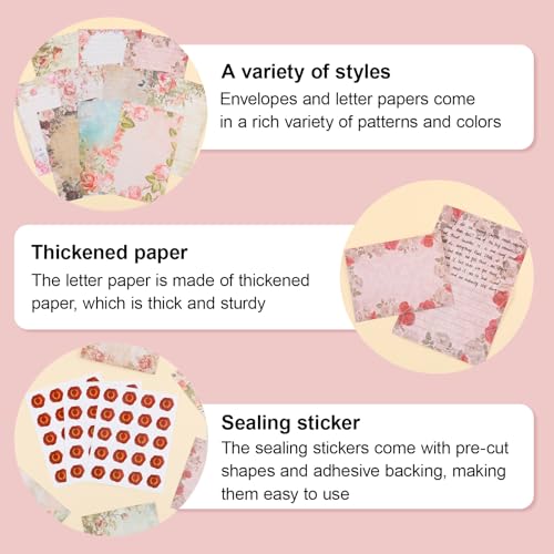 160 Pcs Stationery Set with Envelopes, 50 A5 Sheets of Stationery (10 Designs) with 50 Envelopes and 60 Stickers, Letter Writing Stationery for Home, Office, School, Set G - color: Vintage floral stationery
