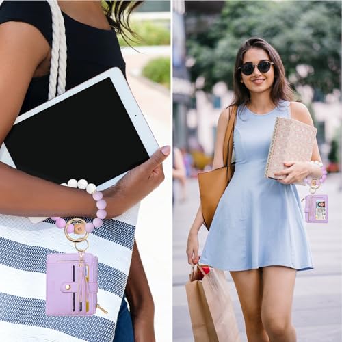COOLANS Silicone Bracelet Wristlet Wallet Credit Card Holder RFID ID Window Key Ring Tassel Slim Wallet Women Keychain Purse - color: Light Purple