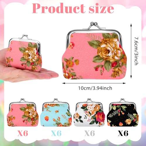 24pcs Canvas Floral Coin Purses, Vintage Kiss Lock Canvas Floral Buckle Coin Purse Change Purses for Women, 4 X 3 Inch Fabric Coins Purse Rose Flower Wallet for Women, Bulk Small Wallets Party Favors