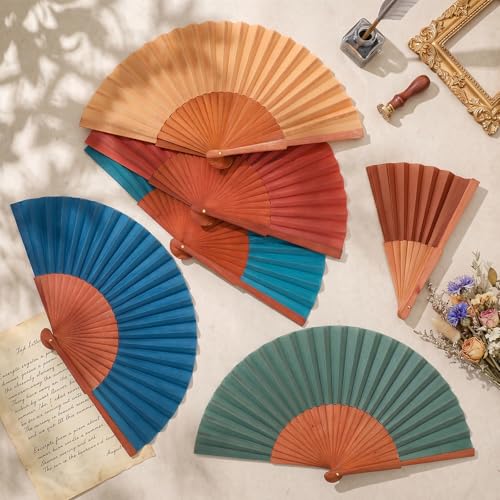 Blulu 6 Pack Silk Fans Handheld for Women Wood Frame,Colorful - color: Colorful