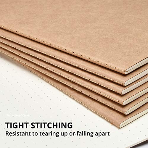 TWONE Travel Journal, 6 Pack Notebook Journal for Travelers Work School Writing Note Taking Kraft Brown Soft Cover Notebooks 5.5” x 8.25”, 60 Dot Grid Pages, 30 Sheets - style: Dotted