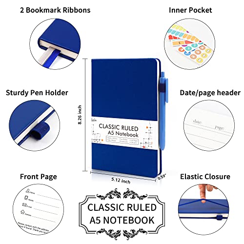feela 24 Pack Journal Notebook for Work, Business Notebook Bulk Hardcover Lined Writing Journal with Pen Holder for Men Women Note Taking, with 24 Black Pens, 120 GSM, 5.1”x8.3”, A5, Navy - color: 24 Pack navy