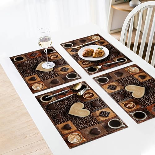 Coffee Placemats Set of 6, Cafe Table Mats, Washable Place Mats for Coffee Bar Home Party Indoor Kitchen Dining Table Decoration 12x18 Inch - color: Coffee, size: Set of 6