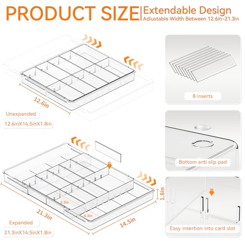 Yieach Large Expandable Desk Drawer Organizer Tray for Office Supplies and Accessories With 12 Adjustable Compartments,Office Drawer Organizers for Pencil,Pen and Kitchen Junk Drawer Organizer,Clear