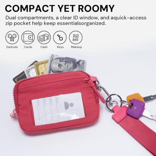 Wristlet Wallet for Women with Clear ID Window, Zip Coin Purse and Keychain - color: Raspberry