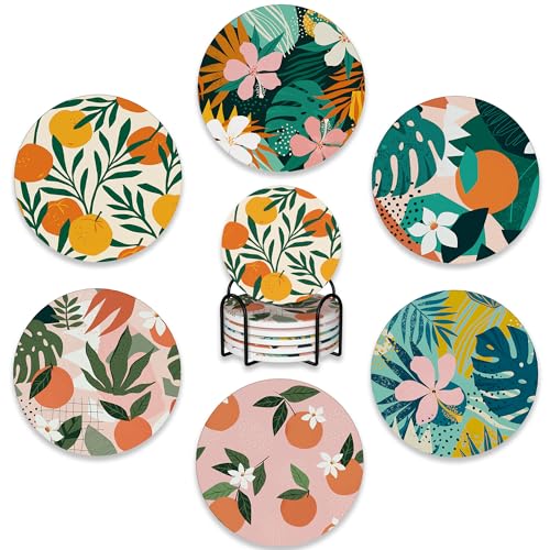 Drink Coasters Set of 6 with Holder,Tropical Palm Leaves Orange Floral Absorbent Ceramic Coasters with Cork Base,Fit All Cups,Tabletop Protection Mat for Mugs and Cups,Office,Kitchen - color: Tropical Palm Leaves Orange Floral