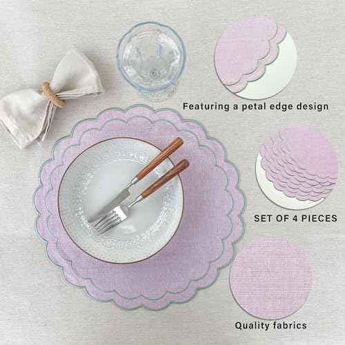 Linen Cotton Placemats Set of 4 Scalloped Flower Embroidery Place Mats 15'' Natural Linen Texture Fabric Machine Washable Table Mats for Restaurant Kitchen,Table Decor(Lilac) - color: Lilac