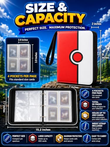 Collectible Trading Card Binder, 400 Pockets Card Holder with 50 Removable Sleeves, Portable Collection Binder Album Book Case Storage, Zipper Card Protective Sleeves for TCG, Sports Card - color: Elf Red