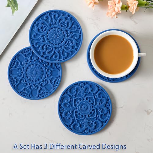 Colinda Silicone Coasters - Set of 6 with Holder, Non-Slip Cup Mats for Hot and Cold Drinks, Decorative Designs, Gift Ready Packaging, Navy Blue - color: Navy Blue