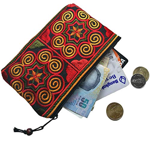 Sabai Jai Boho Coin Purse: Handmade Small Embroidered Change Pouch for Women - Colorful, Ethnic, Eco Friendly & Sustainable - color: Red/Orange