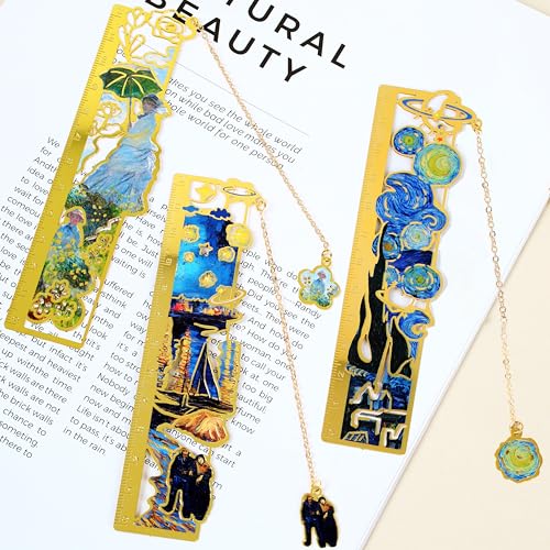 3Pcs Oil Painting Hollow Metal Bookmarks, Art Series Ruler Bookmarks