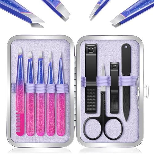 MORGLES Tweezers Set 9 Pcs Nail Clipper Kit with Case for Eyebrows Grooming - color: D-purple