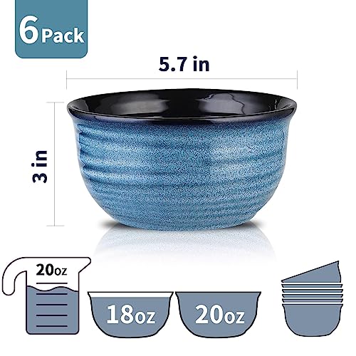 Hasense Cereal Bowl Set of 6, 20 Ounces Ceramic Soup Bowls Set for Kitchen, Suit for Cereal Soup Rice Pasta Salad Oatmeal, Microwave and Dishwasher Safe(Blue) - color: Blue, size: 20 Ounce