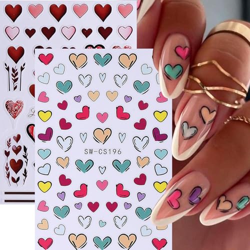 Valentine's Day Nail Art Stickers 12 Sheets 3D Self-Adhesive Heart Nail Decals with Tweezers Romantic Love Hearts Flower Lips Balloon Leopard Designs Brown Pink Slider for Women Nails Art Decoration - style: Valentine