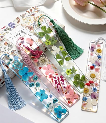Buleens 4PCS Bookmarks for Women- Book Marks for Readers Book Lovers, Personalized Handmade Dried Flower Resin Bookmark with Tassels, Pretty and Aesthetic - color: 4 Pack Pink White Blue Green