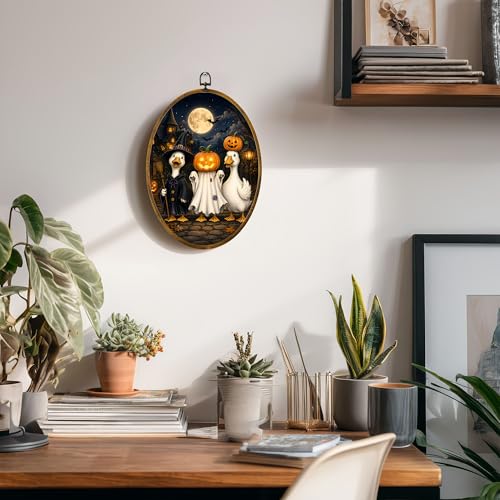Halloween Duck Oval Wall Art, Framed Canvas Decor, 8.5x11.5 Inch - color: Halloween Witch Duck Pumpkin